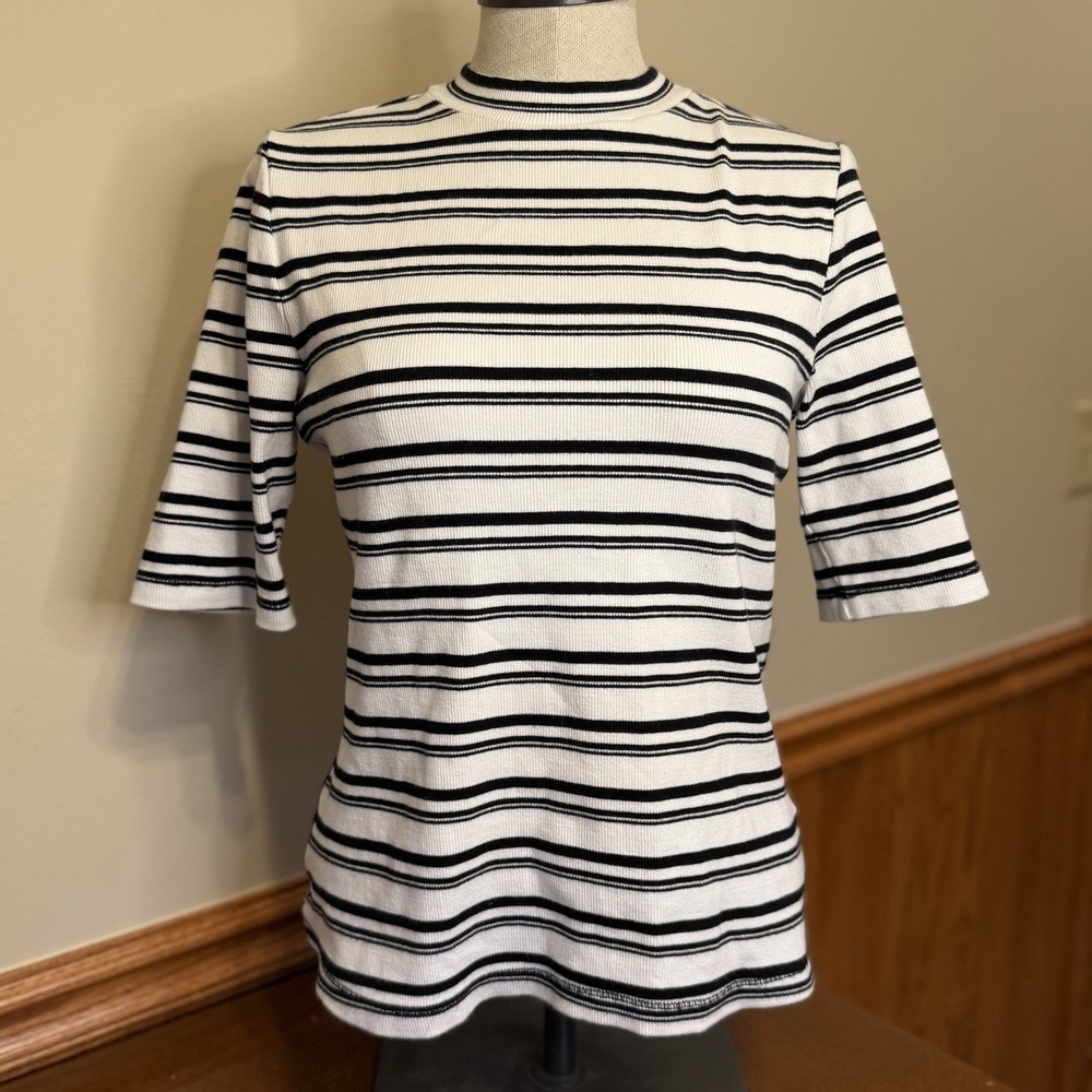 Anthropologie Maeve Black/white Striped Top (M) Cotton Basic Prep Modest Classic